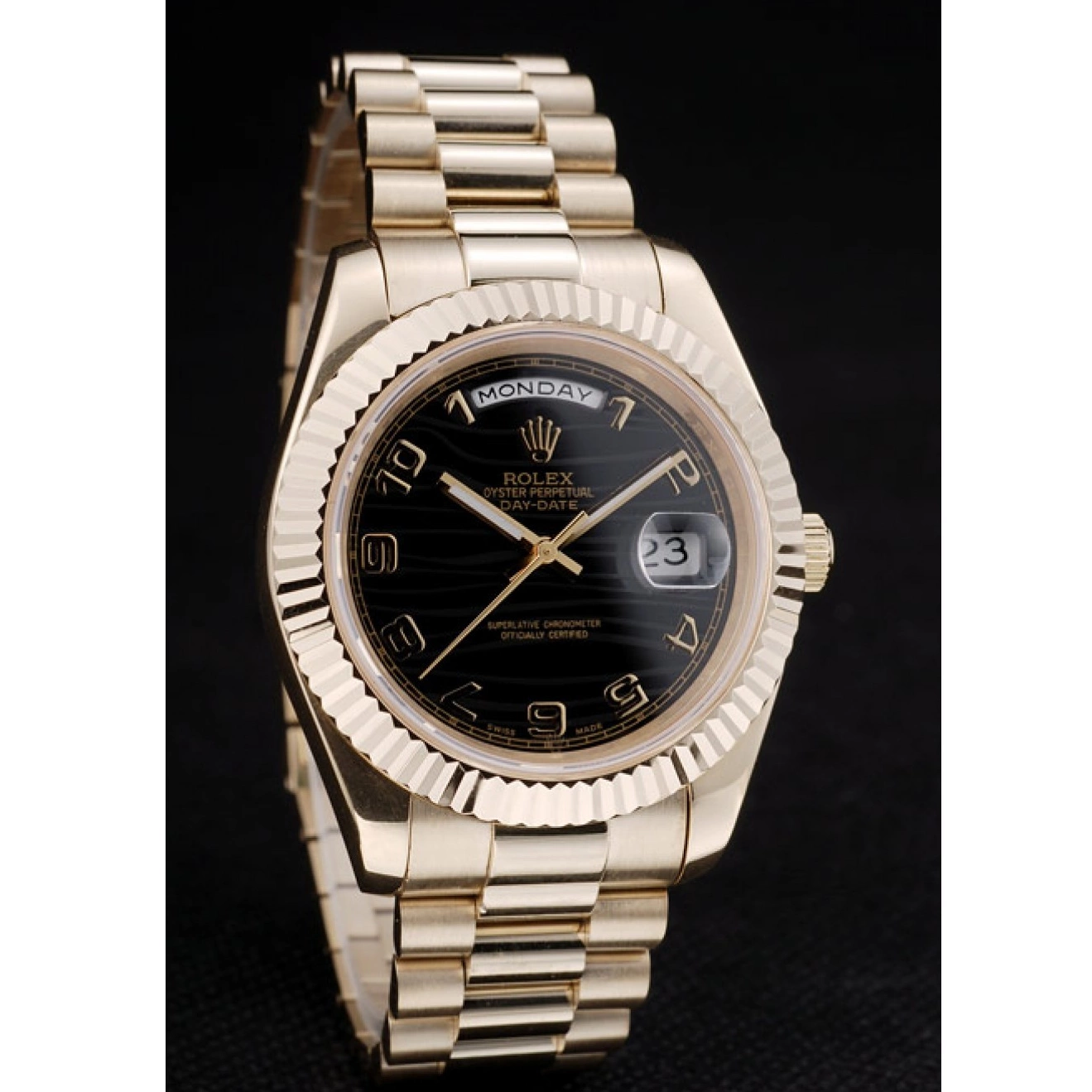 AAA Replica Watches Strap Stainless Steel Dial Black DayDate Patterned Gold Rolex 41980 0630